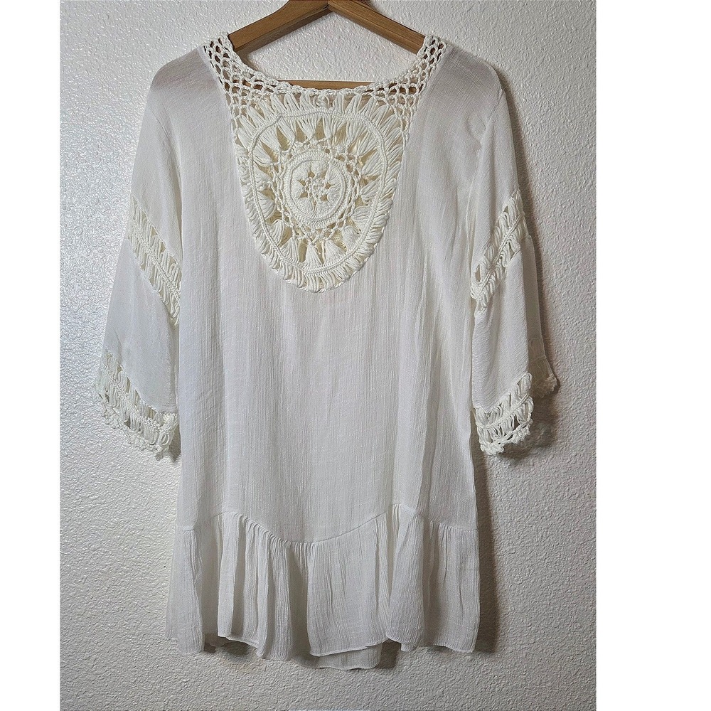 Boho Crochet Lace Tunic Top White Sheer Gauze Festival Blouse Flowy Large